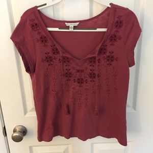 light maroon embroidered V neck